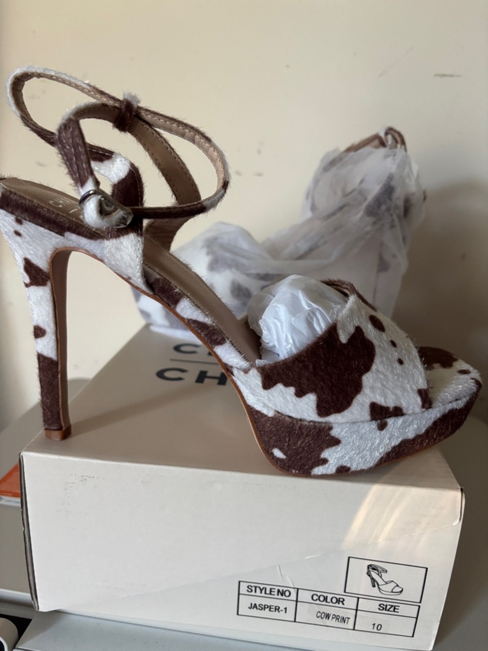 Chase + Chloe Brown and White Cow Print Platform Ankle-Strap Heels